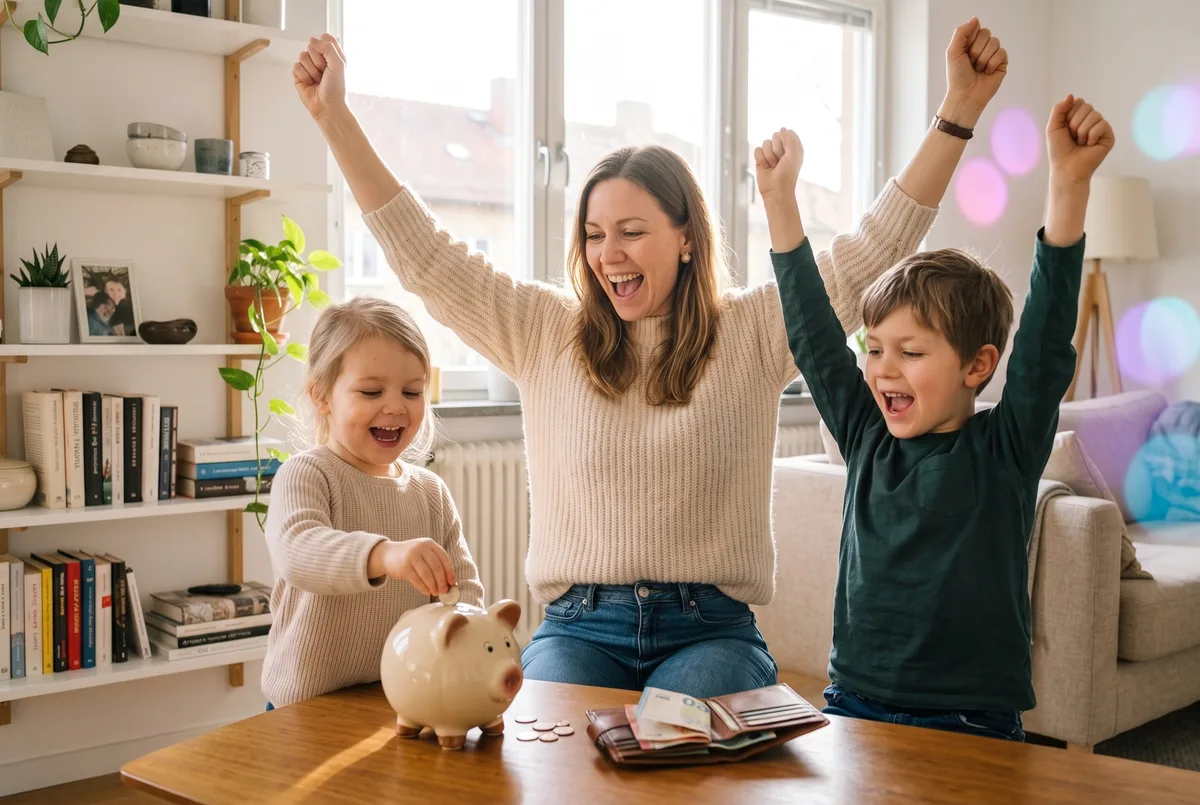 Frau jubelt mit ihren Kindern, ein Kind steckt Münzen ins Sparschwein neben dem gefüllten Portemonnaie